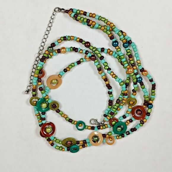 Boho Multicolor Bead Necklace Layered Statement Jewelry Retro Circles 16" - 19" - Picture 13 of 15